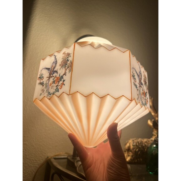 Vtg 30s Accordion Octagonal Frosted Orange‎ Birds Paradise Glass Swag Lamp Shade - Picture 3 of 16